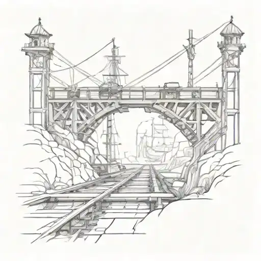 train track with a bridge hovering over Pirate ship tattoo design idea