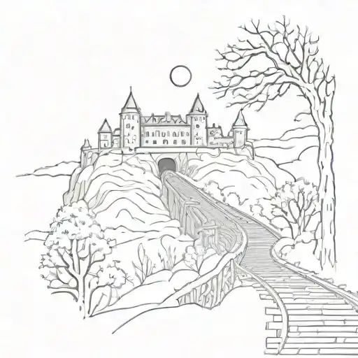 night sky train tracks bridge moon winter trees with a maze around it leading to the castle tattoo design idea
