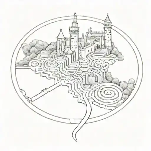 Labyrinth with castle and train track amd bell tattoo design idea