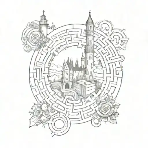 Labyrinth with castle and train track amd bell tattoo design idea