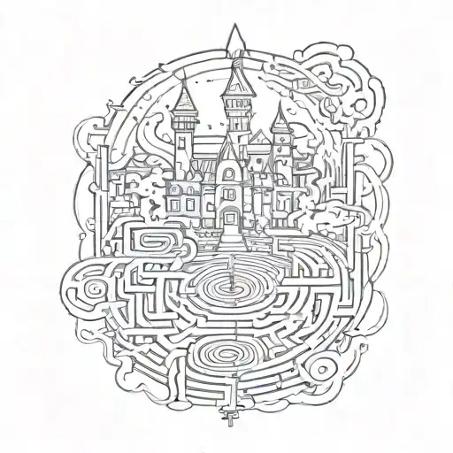 Labyrinth with castle and train track amd bell tattoo design idea