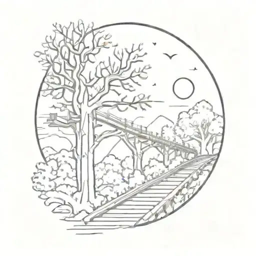 night sky train tracks bridge moon winter trees with a maze surrounding tattoo design idea