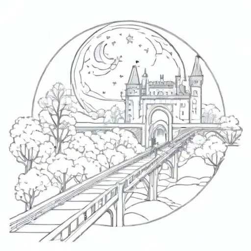 night sky train tracks bridge moon winter trees with a maze around it leading to the castle tattoo design idea
