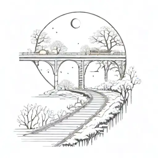 night sky train tracks bridge moon winter trees with a maze surrounding tattoo design idea