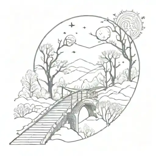 night sky train tracks bridge moon winter trees with a maze surrounding tattoo design idea
