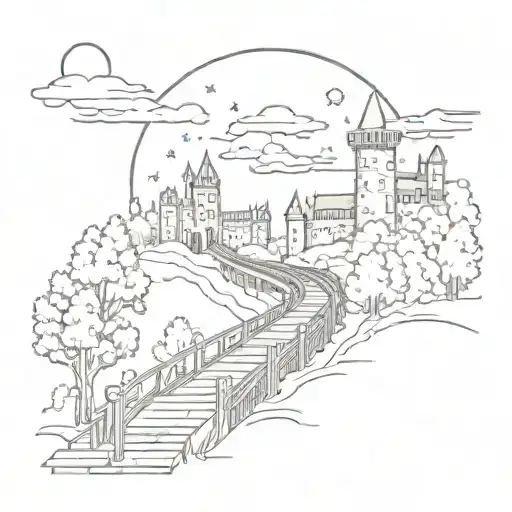 night sky train tracks bridge moon winter trees with a maze around it leading to the castle tattoo design idea