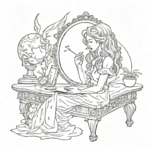 gurl holding mirror on altar table with storm raging and music notes   tattoo design idea