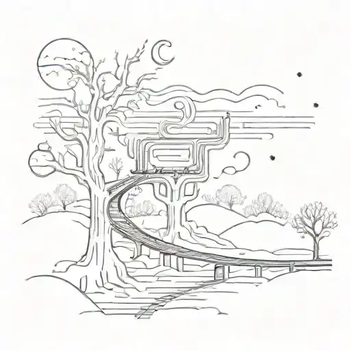 night sky train tracks moon winter trees with a maze surrounding tattoo design idea