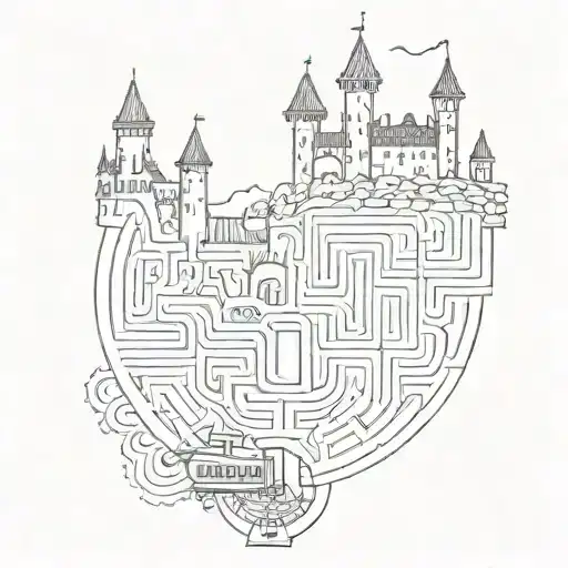 Labyrinth with castle and train track amd bell tattoo design idea