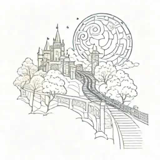 night sky train tracks bridge moon winter trees with a maze around it leadinf to the castle tattoo design idea