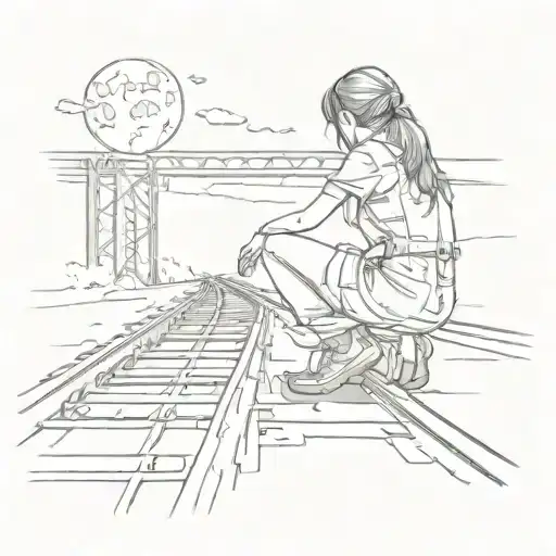moon above train tracks girl bending over tattoo design idea