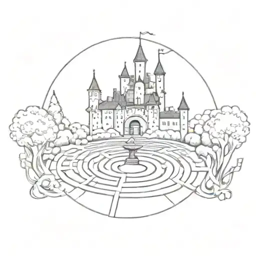 Labyrinth with castle and train track amd bell tattoo design idea