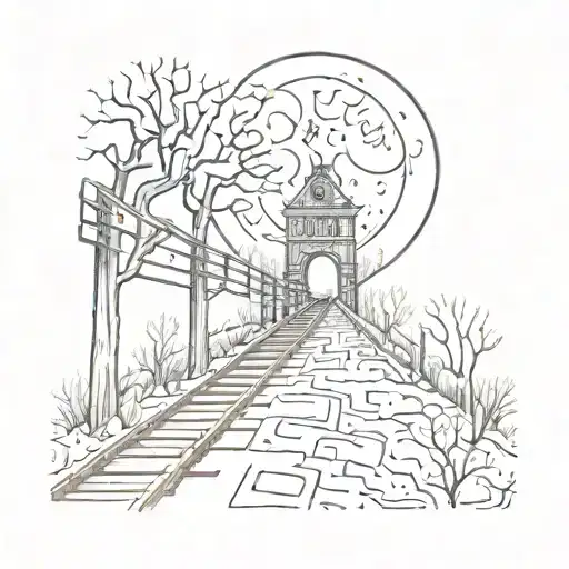 night sky train tracks bridge moon winter trees with a maze surrounding tattoo design idea