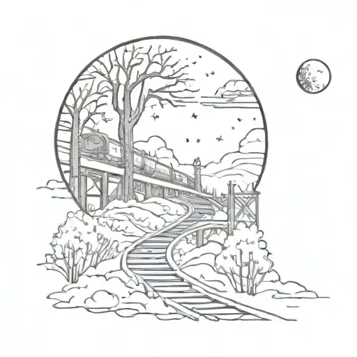 night sky train tracks bridge moon winter trees with a maze surrounding tattoo design idea