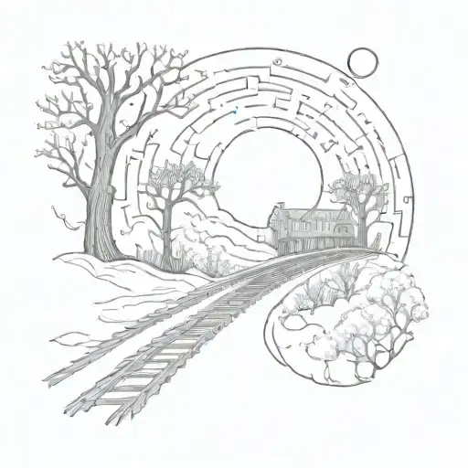 night sky train tracks moon winter trees with a maze surrounding tattoo design idea