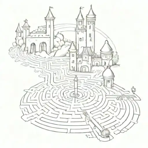 Labyrinth with castle and train track amd bell tattoo design idea