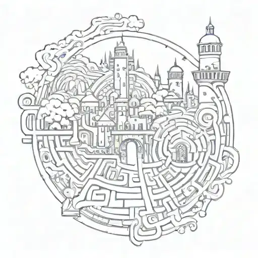 Labyrinth with castle and train track amd bell tattoo design idea
