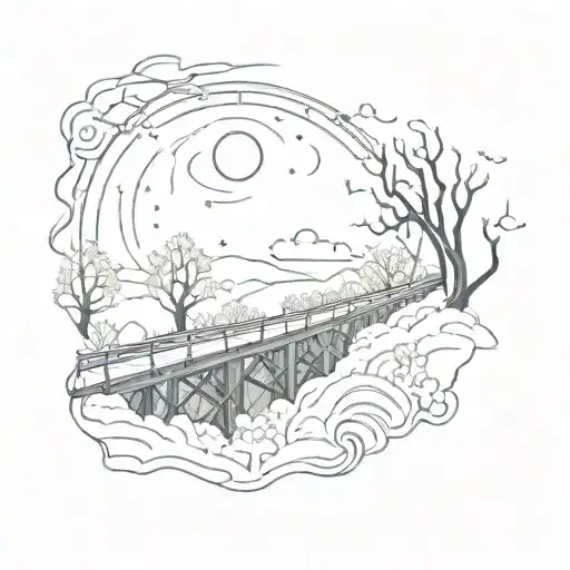 night sky train tracks bridge moon winter trees with a maze surrounding tattoo design idea