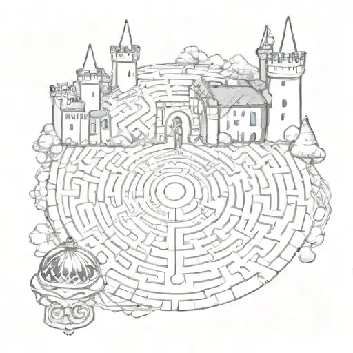 Labyrinth with castle and train track amd bell tattoo design idea