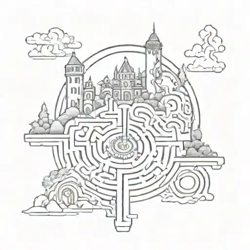 Labyrinth with castle and train track amd bell tattoo design idea