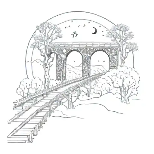 night sky train tracks bridge moon winter trees with a maze surrounding tattoo design idea