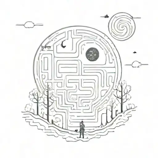 night sky train tracks moon winter trees with a maze surrounding tattoo design idea