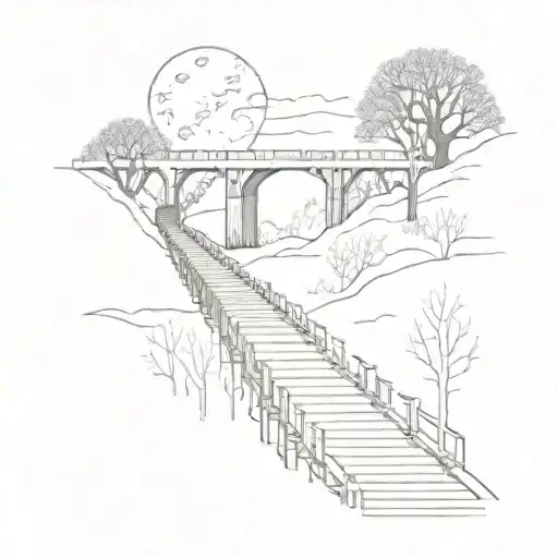 night sky train tracks bridge moon winter trees with a maze surrounding tattoo design idea
