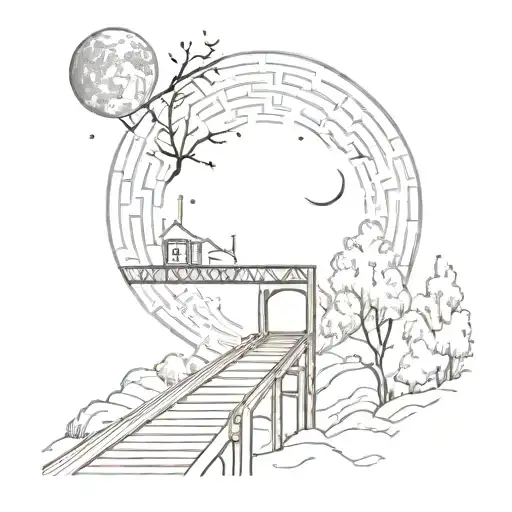 night sky train tracks bridge moon winter trees with a maze surrounding tattoo design idea