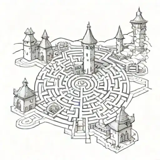 Labyrinth with castle and train track amd bell tattoo design idea