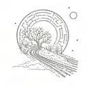 night sky train tracks moon winter trees with a maze surrounding tattoo design idea