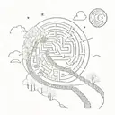 night sky train tracks moon winter trees with a maze surrounding tattoo design idea