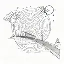 night sky train tracks moon winter trees with a maze surrounding tattoo design idea