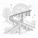 night sky train tracks bridge moon winter trees with a maze surrounding tattoo design idea