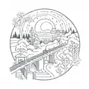 night sky train tracks bridge moon winter trees with a maze surrounding tattoo design idea
