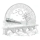 night sky train tracks bridge moon winter trees with a maze surrounding tattoo design idea