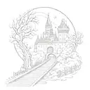 night sky train tracks bridge moon winter trees with a maze around it leading to the castle tattoo design idea