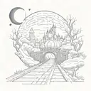 night sky train tracks bridge moon winter trees with a maze around it leading to the castle tattoo design idea