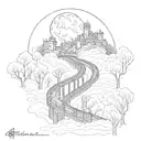 night sky train tracks bridge moon winter trees with a maze around it leading to the castle tattoo design idea