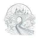 night sky train tracks bridge moon winter trees with a maze around it leading to the castle tattoo design idea