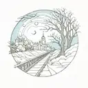 night sky train tracks bridge moon winter trees with a maze around it leading to the castle tattoo design idea