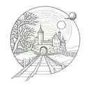 night sky train tracks bridge moon winter trees with a maze around it leading to the castle tattoo design idea