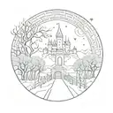 night sky train tracks bridge moon winter trees with a maze around it leading to the castle tattoo design idea