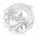 night sky train tracks bridge moon winter trees with a maze around it leading to the castle tattoo design idea