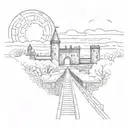 night sky train tracks bridge moon winter trees with a maze around it leading to the castle tattoo design idea