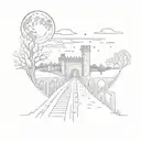 night sky train tracks bridge moon winter trees with a maze around it leading to the castle tattoo design idea
