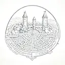 Labyrinth with castle and train track amd bell tattoo design idea