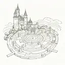 Labyrinth with castle and train track amd bell tattoo design idea