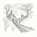 night sky train tracks bridge moon winter trees with a maze around it leading to the castle tattoo design idea