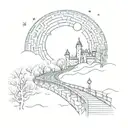 night sky train tracks bridge moon winter trees with a maze around it leading to the castle tattoo design idea