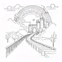 night sky train tracks bridge moon winter trees with a maze around it leading to the castle tattoo design idea
